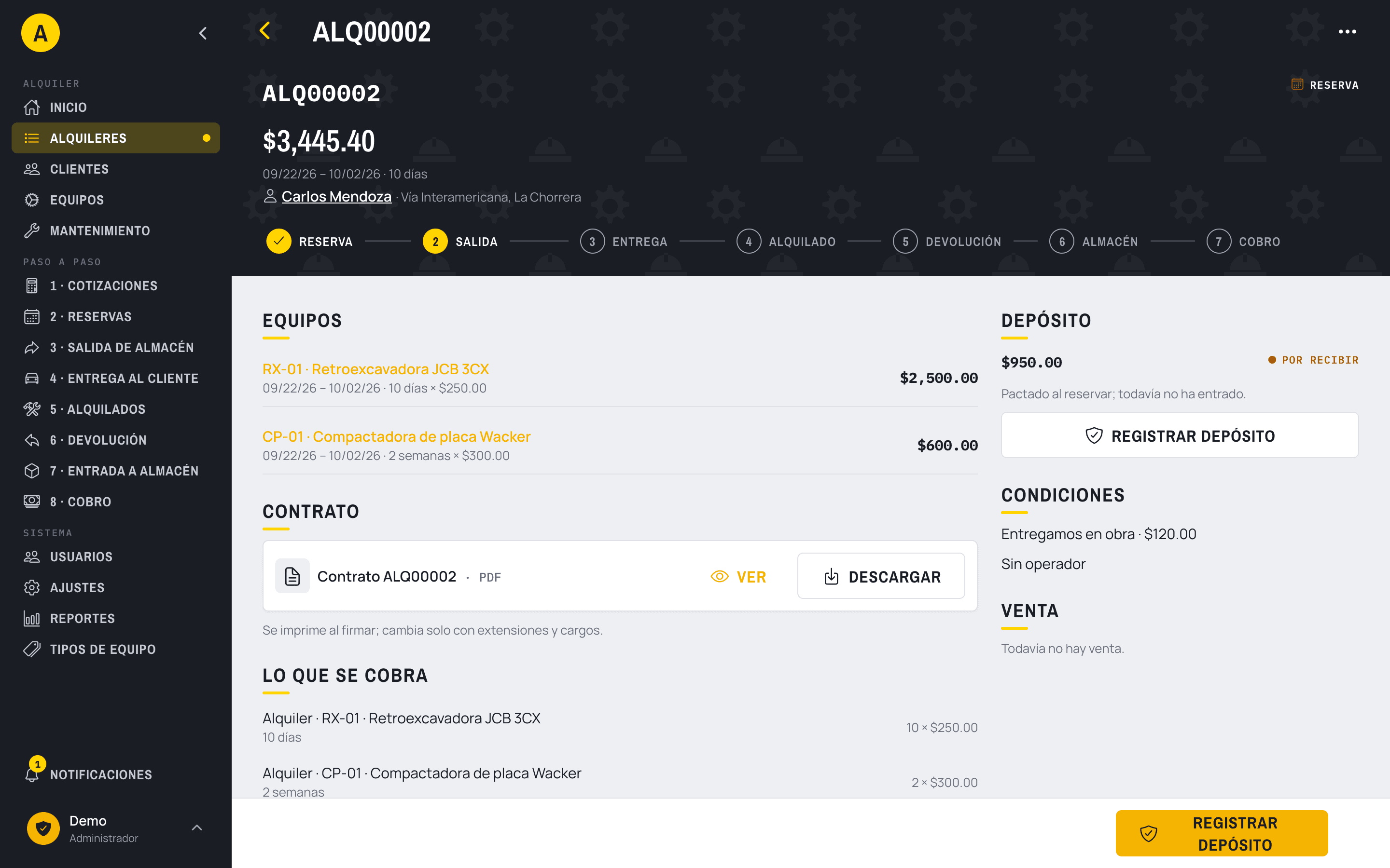 Expediente de un equipo en AlquiDiario: calendario de ocupación, contratos y facturas